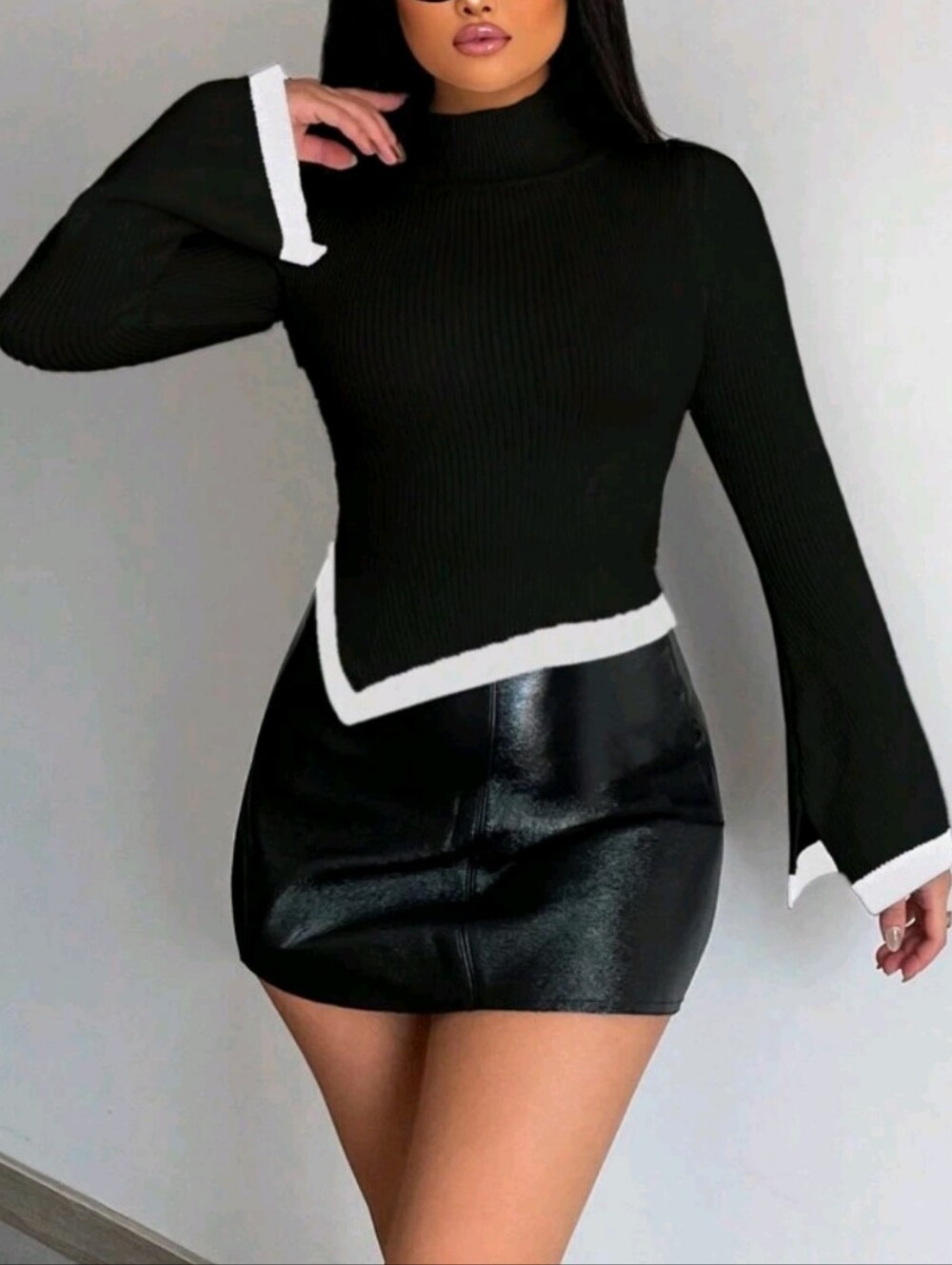 Women's Black Cowl-Neck Ribbed Sweater with White Trim